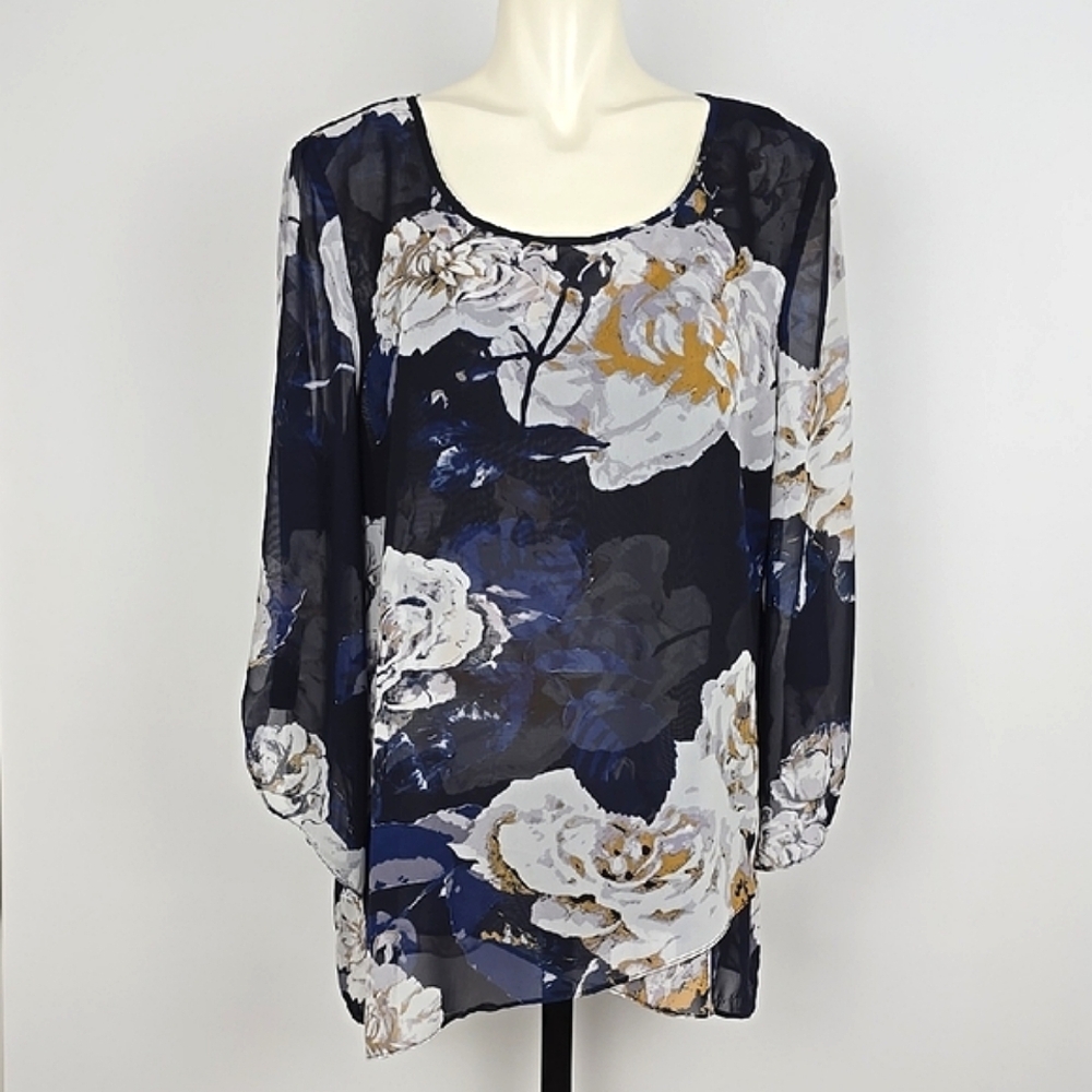 LAURA Women's Semi Sheer Blouse Top Blue Large White Floral Print Flowy Size XL